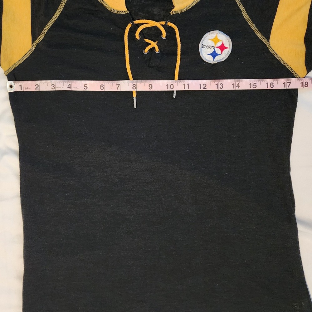 Antigua Steelers NFL Football Lace Up T-Shirt Patch Logo Black Gold M - Picture 4 of 5